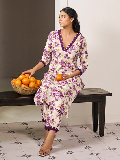Women's Floral and Lace Straight Kurta Set