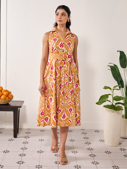 Women's Collared Long Belted Flared Dress