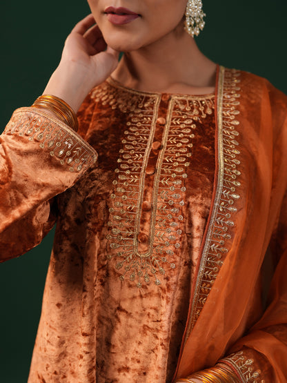Women's Copper Embroiderd Velvet Kurta Set with Dupatta