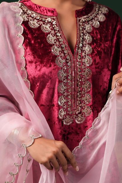 Women's Red Embroiderd Velvet Kurta Set with Dupatta