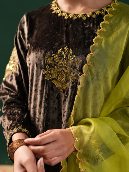 Women's Grey Embroiderd Velvet Kurta Set with Dupatta