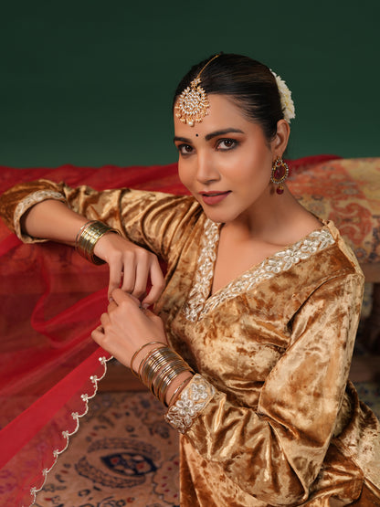 Women's Gold Embroiderd Velvet Kurta Set with Dupatta