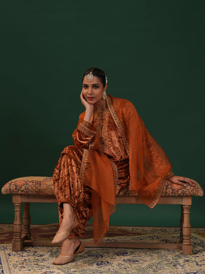 Women's Copper Embroiderd Velvet Kurta Set with Dupatta