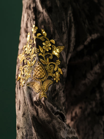 Women's Grey Embroiderd Velvet Kurta Set with Dupatta