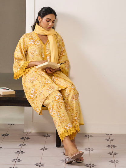 Women's Floral Flared Short Kurta Set with Dupatta