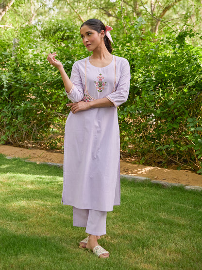 Women's Cotton Embroidered Straight Kurta Set
