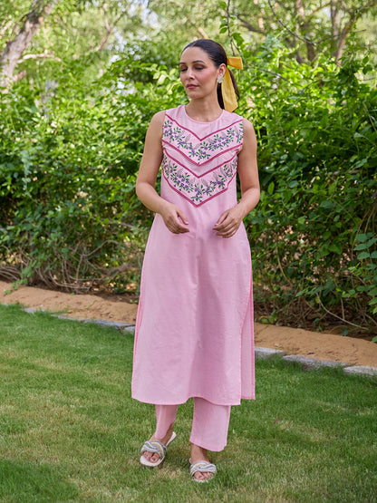 Women's Cotton Embroidered Sleeveless Kurta Set