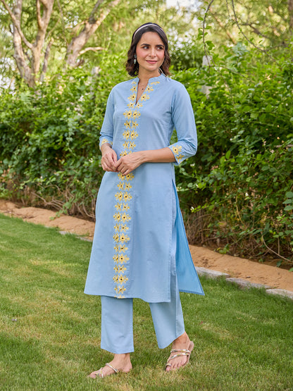 Women's Cotton Floral Embroidered Straight Kurta Set