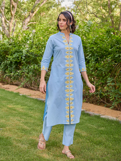 Women's Cotton Floral Embroidered Straight Kurta Set