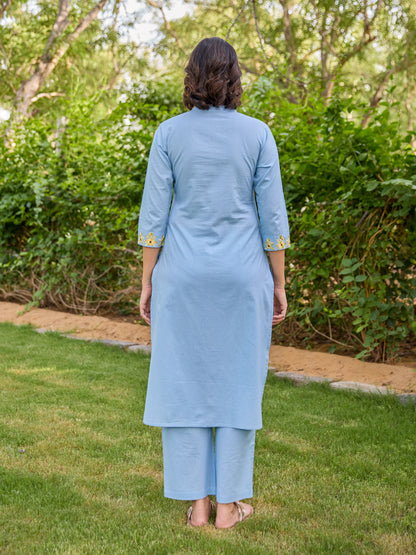 Women's Cotton Floral Embroidered Straight Kurta Set