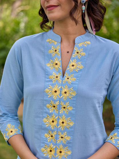 Women's Cotton Floral Embroidered Straight Kurta Set