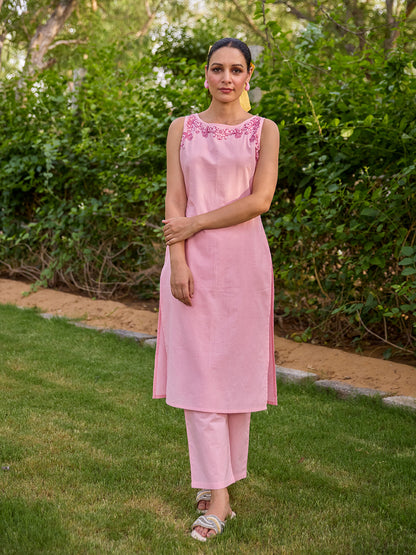 Women's Cotton Embroidered Sleeveless Kurta Set