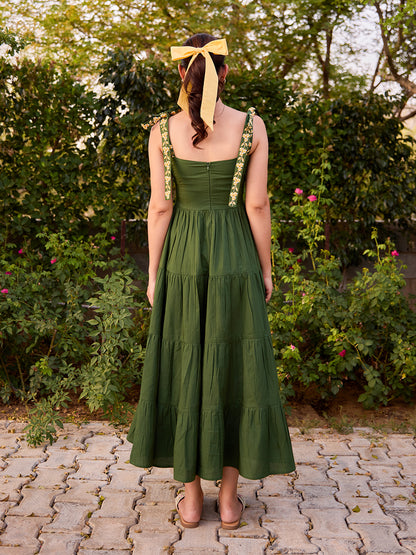 Women's Cotton Embroidered Tie Up Flared Dress