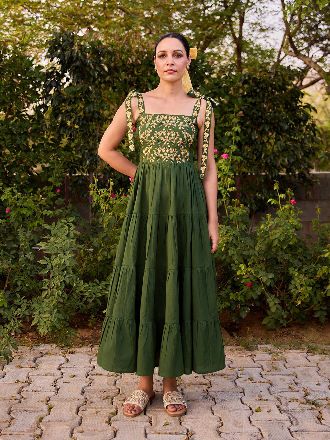 Women's Cotton Embroidered Tie Up Flared Dress