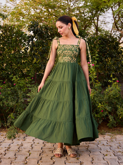 Women's Cotton Embroidered Tie Up Flared Dress