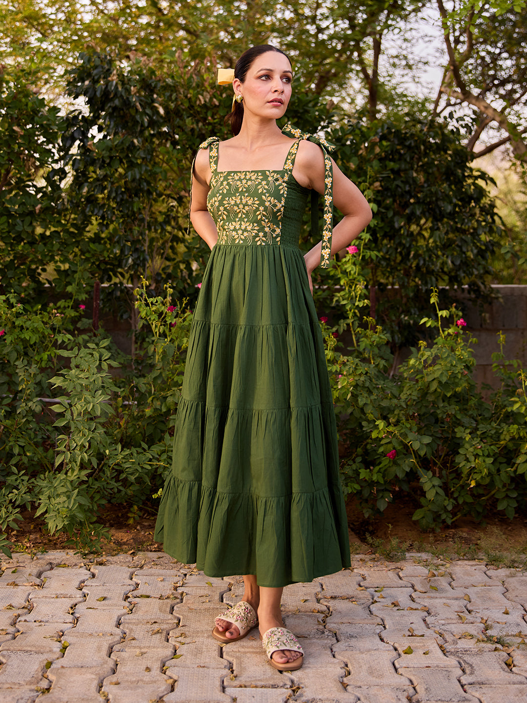 Women's Cotton Embroidered Tie Up Flared Dress