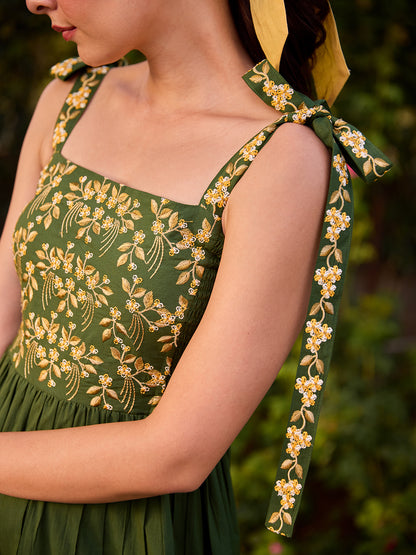 Women's Cotton Embroidered Tie Up Flared Dress