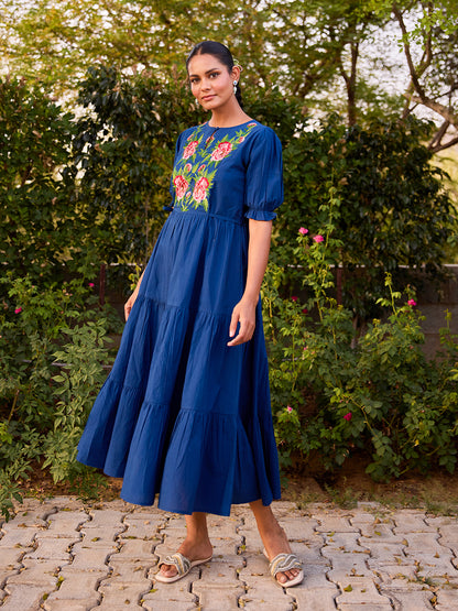 Women's Cotton Embroidered Flared Long Dess