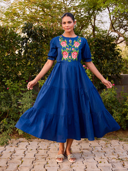 Women's Cotton Embroidered Flared Long Dess