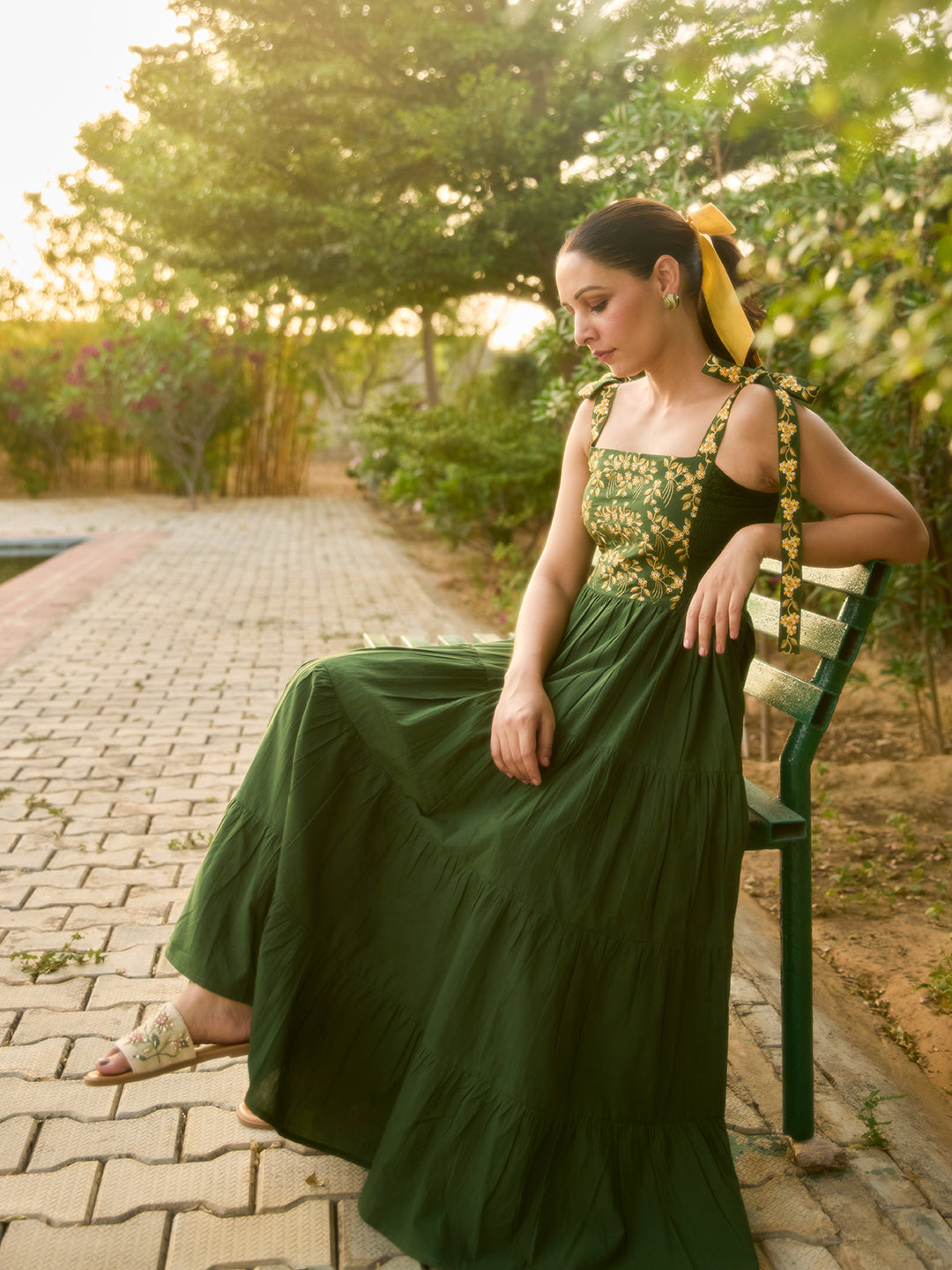 Women's Cotton Embroidered Tie Up Flared Dress