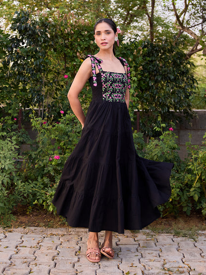 Women's Cotton Embroidered Tie Up Flared Dress