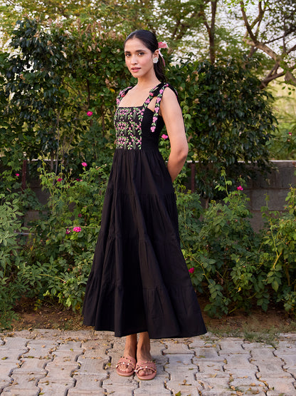 Women's Cotton Embroidered Tie Up Flared Dress