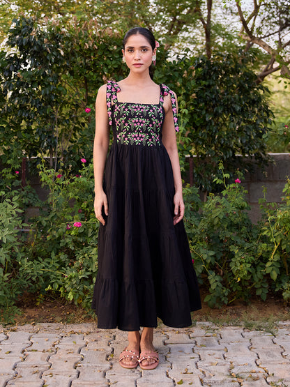 Women's Cotton Embroidered Tie Up Flared Dress