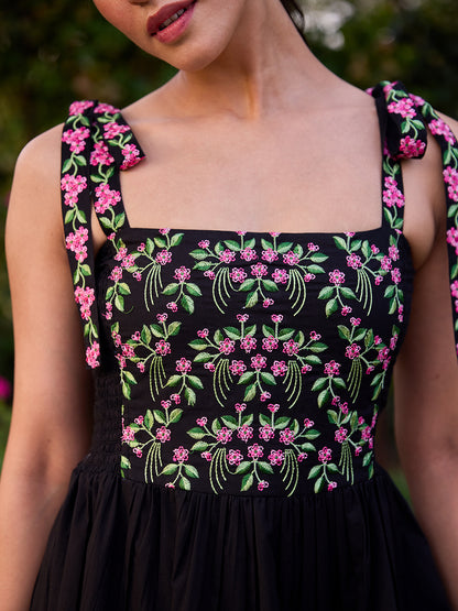 Women's Cotton Embroidered Tie Up Flared Dress