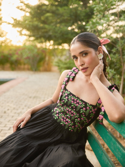 Women's Cotton Embroidered Tie Up Flared Dress