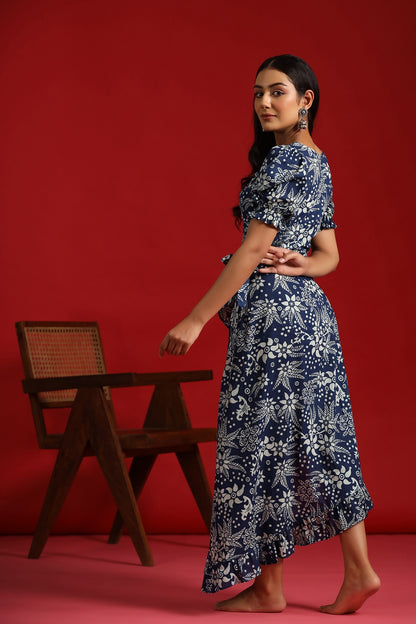 Women's White & Indigo Ruffled Wrap Skirt With Balloon Sleeves Top