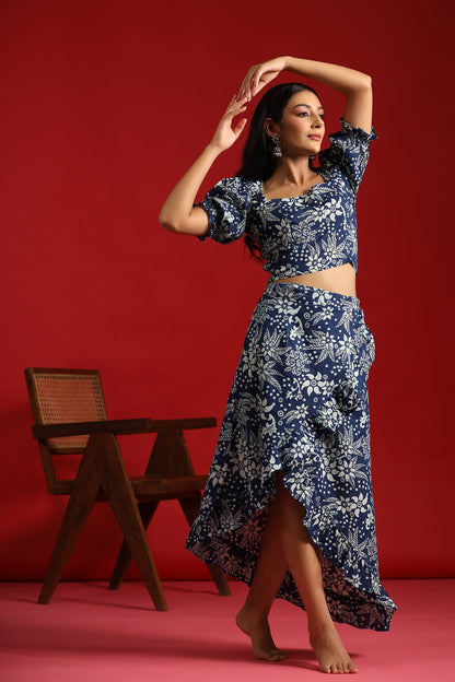 Women's White & Indigo Ruffled Wrap Skirt With Balloon Sleeves Top