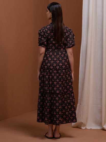 Women's Designer Black Printed Tier Dress