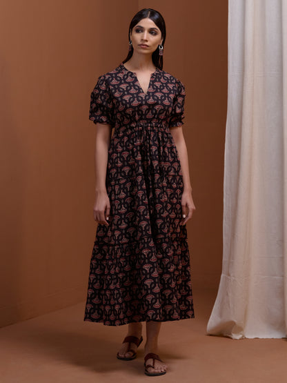 Women's Designer Black Printed Tier Dress