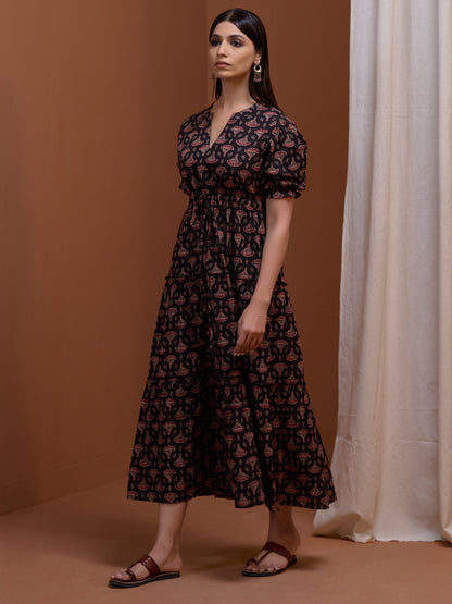 Women's Designer Black Printed Tier Dress