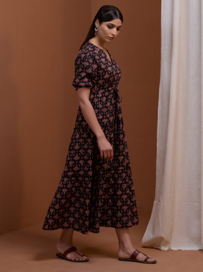 Women's Designer Black Printed Tier Dress