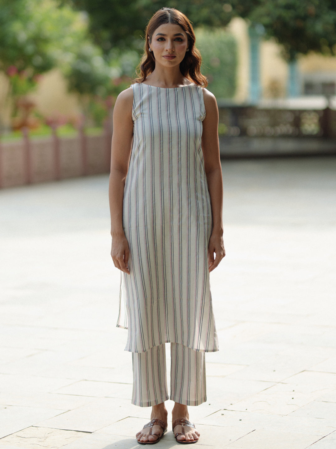 Women's Off White Cotton Boat neck Sleeveless Kurta Set with Trousers