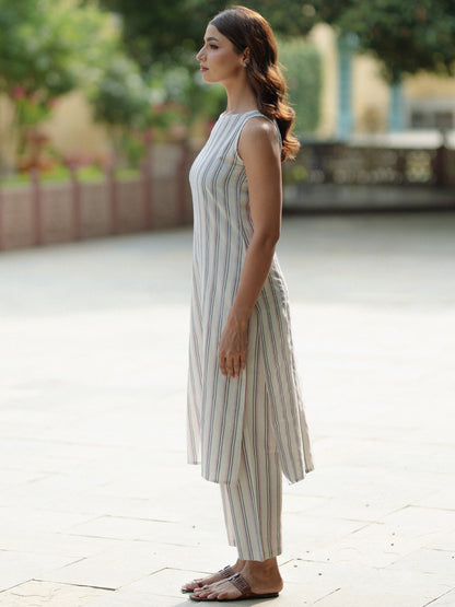 Women's Off White Cotton Boat neck Sleeveless Kurta Set with Trousers