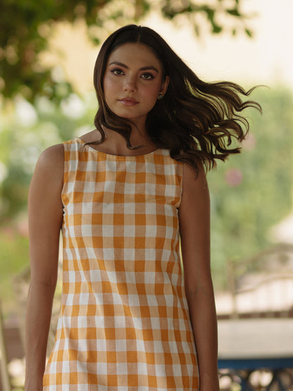 Women's Mustard Cotton Boat neck Sleeveless Kurta with Trousers