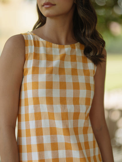 Women's Mustard Cotton Boat neck Sleeveless Kurta with Trousers