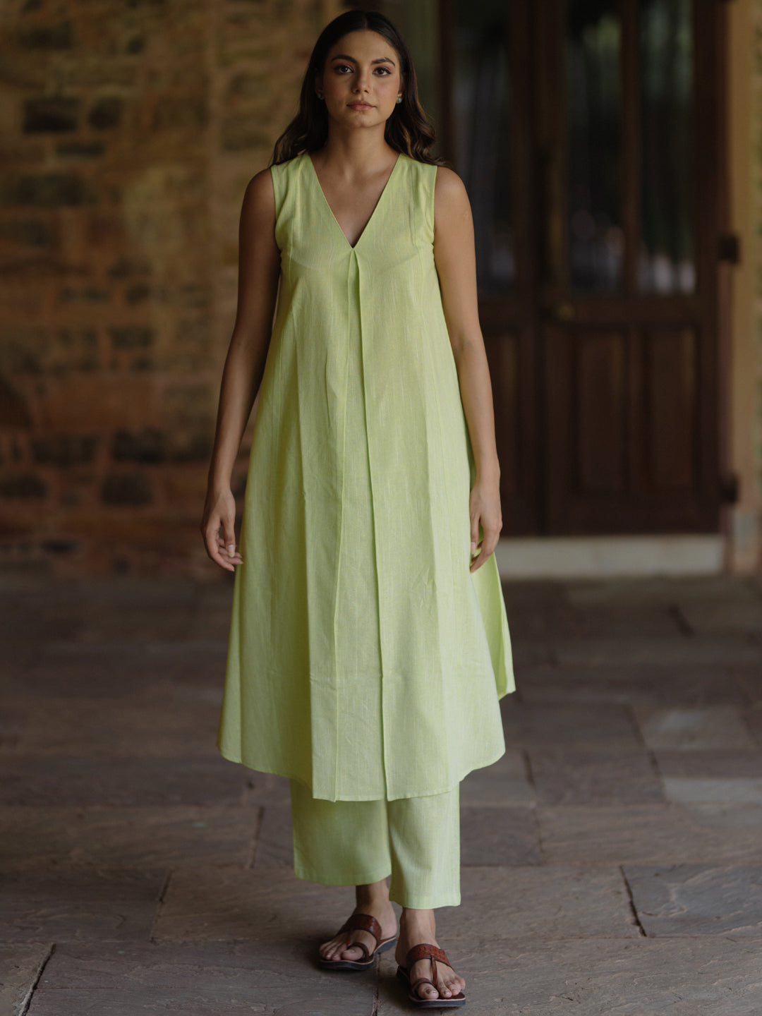 Women's Green Cotton V neck A line Kurta with Trousers