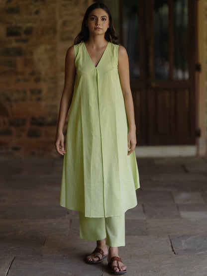 Women's Green Cotton V neck A line Kurta with Trousers