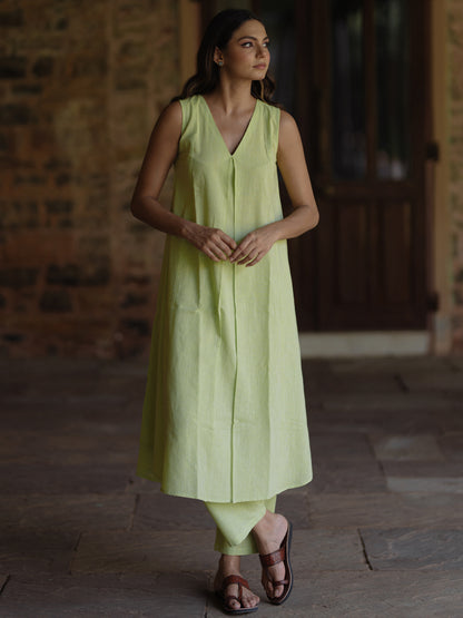 Women's Green Cotton V neck A line Kurta with Trousers