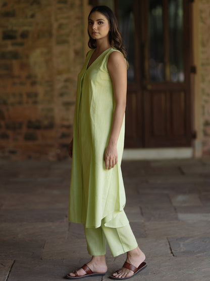 Women's Green Cotton V neck A line Kurta with Trousers