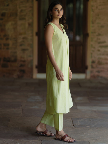 Women's Green Cotton V neck A line Kurta with Trousers