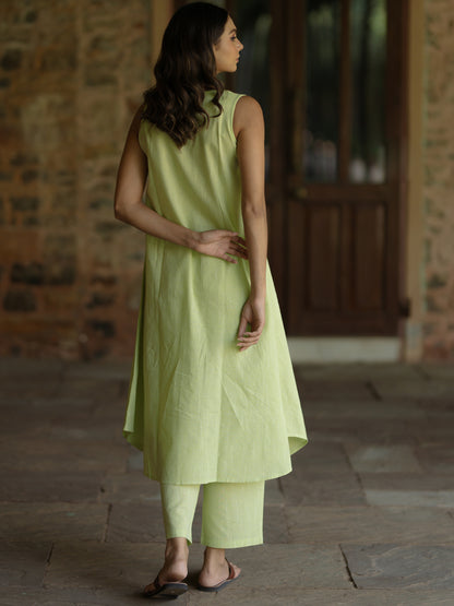 Women's Green Cotton V neck A line Kurta with Trousers