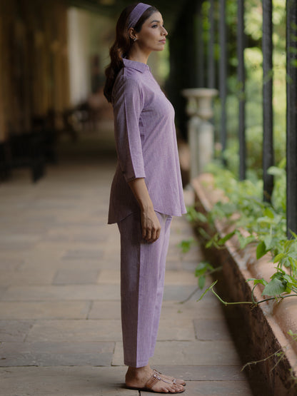 Women's Purple Cotton Collared Short Kurta Top with Trousers