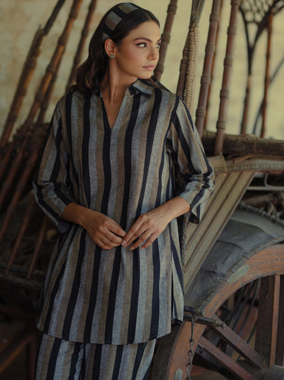 Women's Black Cotton Collared Short Kurta Top with Trousers