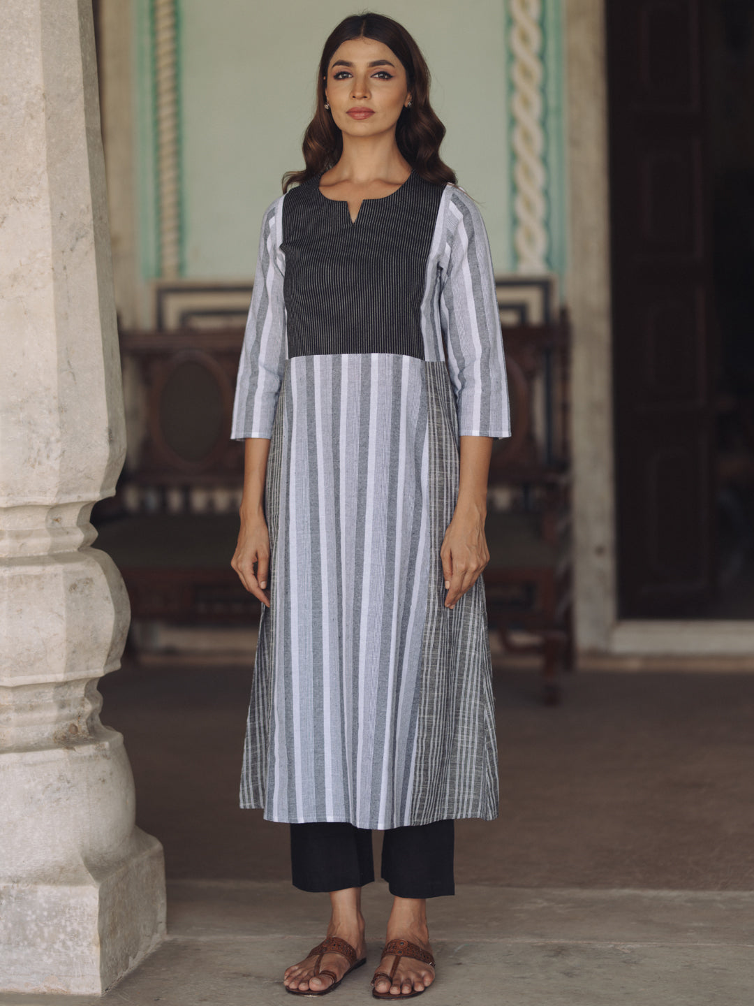 Women's Black Cotton Patchwork Straight Kurta with Trousers