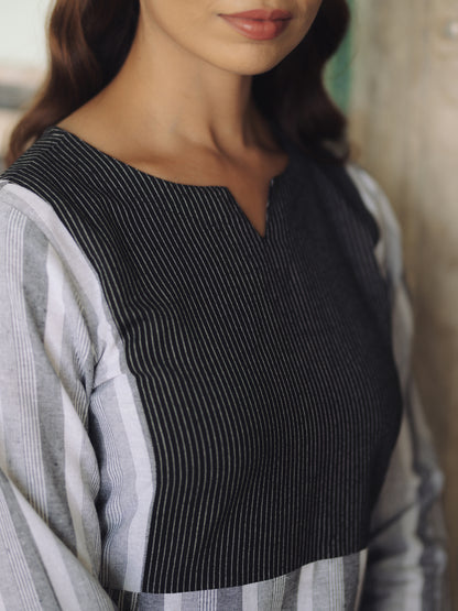 Women's Black Cotton Patchwork Straight Kurta with Trousers