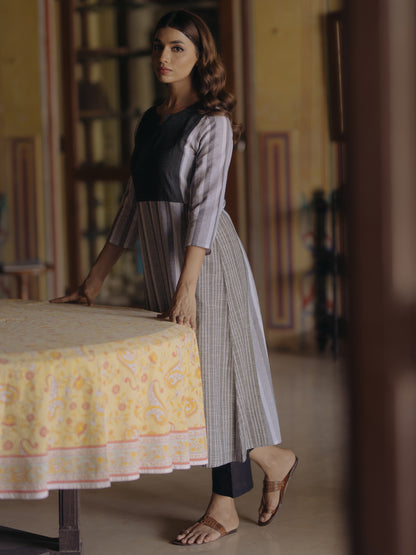 Women's Black Cotton Patchwork Straight Kurta with Trousers